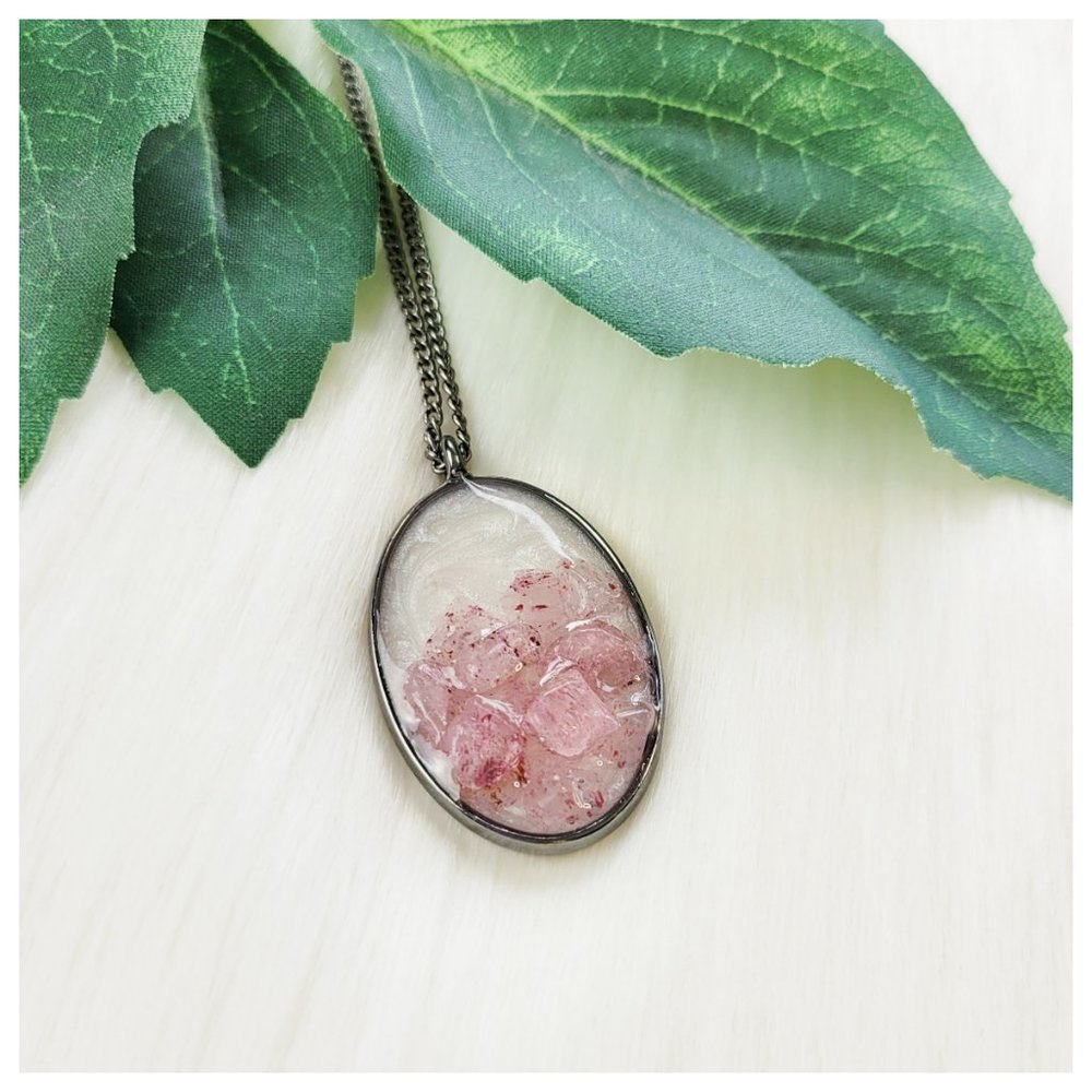 Strawberry and Rose Quartz Necklace White and Gunmetal Silver Oval Resin Pendant